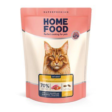 Сухий корм HOME FOOD для підтримки опорно-рухового апарату стерилізованих/кастрованих дорослих котів великих порід Телятина з лососем та в&rsquo;яленими томатами For the support of the musculoskeletal system. For large breeds, 400 г 3079004 фото