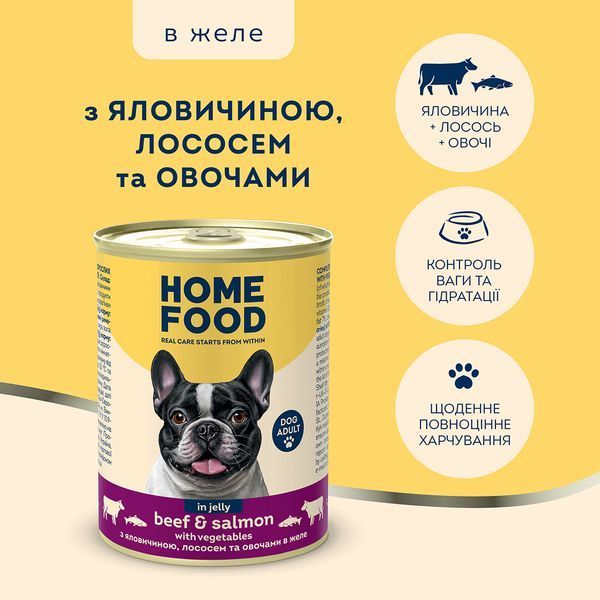 Вологий корм HOME FOOD для дорослих собак з яловичиною, лососем та овочами в желе, 360 г 7010016 фото