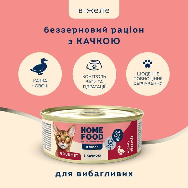 Повнораціонний беззерновий консервований корм HOME FOOD для вибагливих дорослих котів з качкою в желе, 85 г 7010024 фото